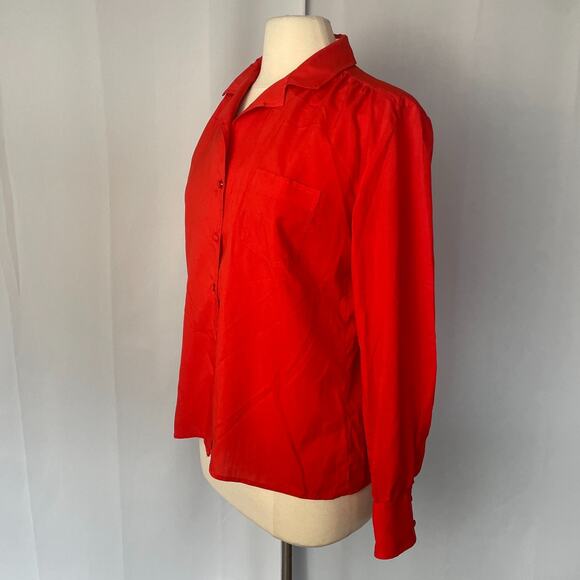 Vintage Top Blouse Size 14 Red Solid Long Sleeve Button Up Minimalist Office 90s - Picture 5 of 10